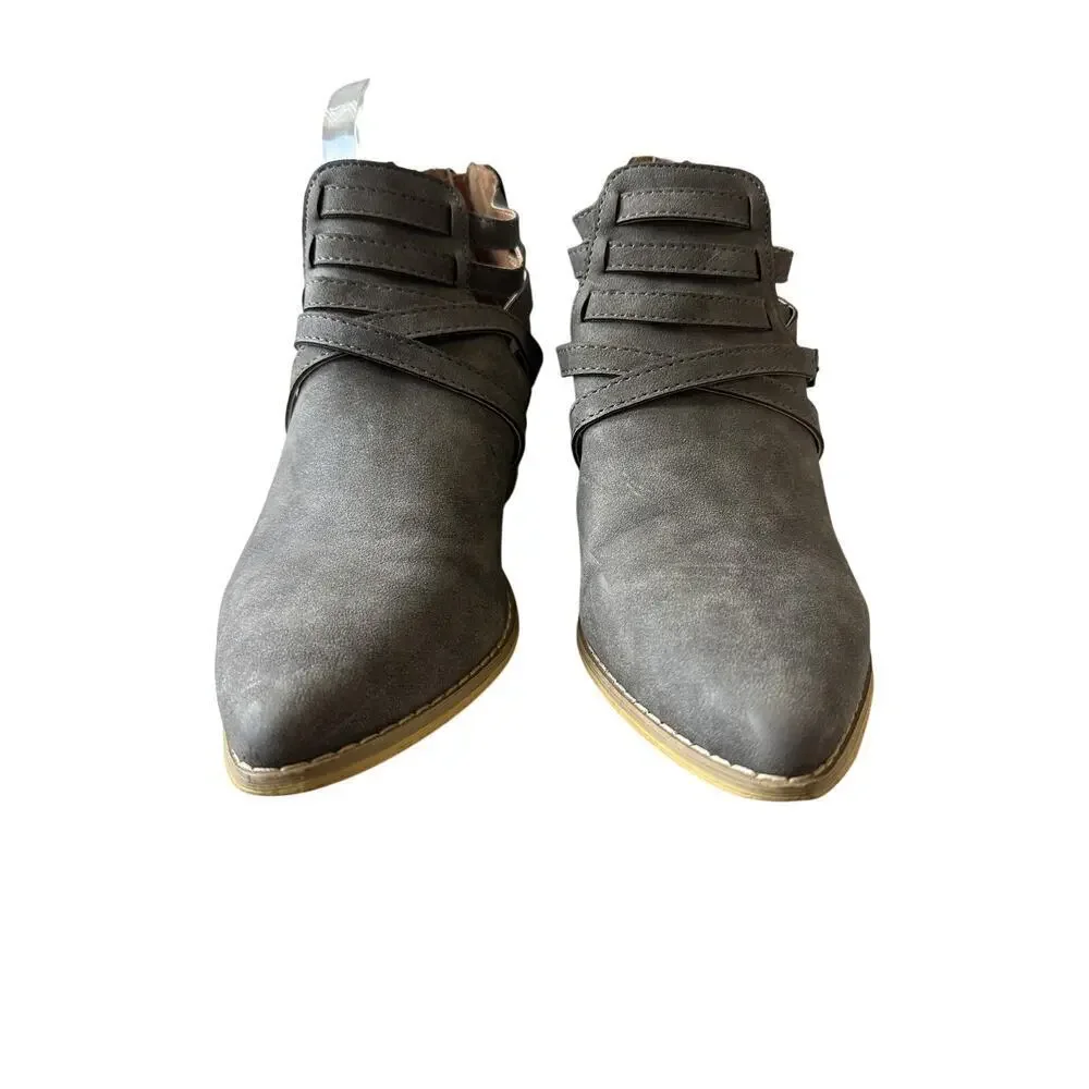 Size 8 Gray Pointy Toe Strappy Block Heel Ankle Boot Bootie Casual Staple Buckle